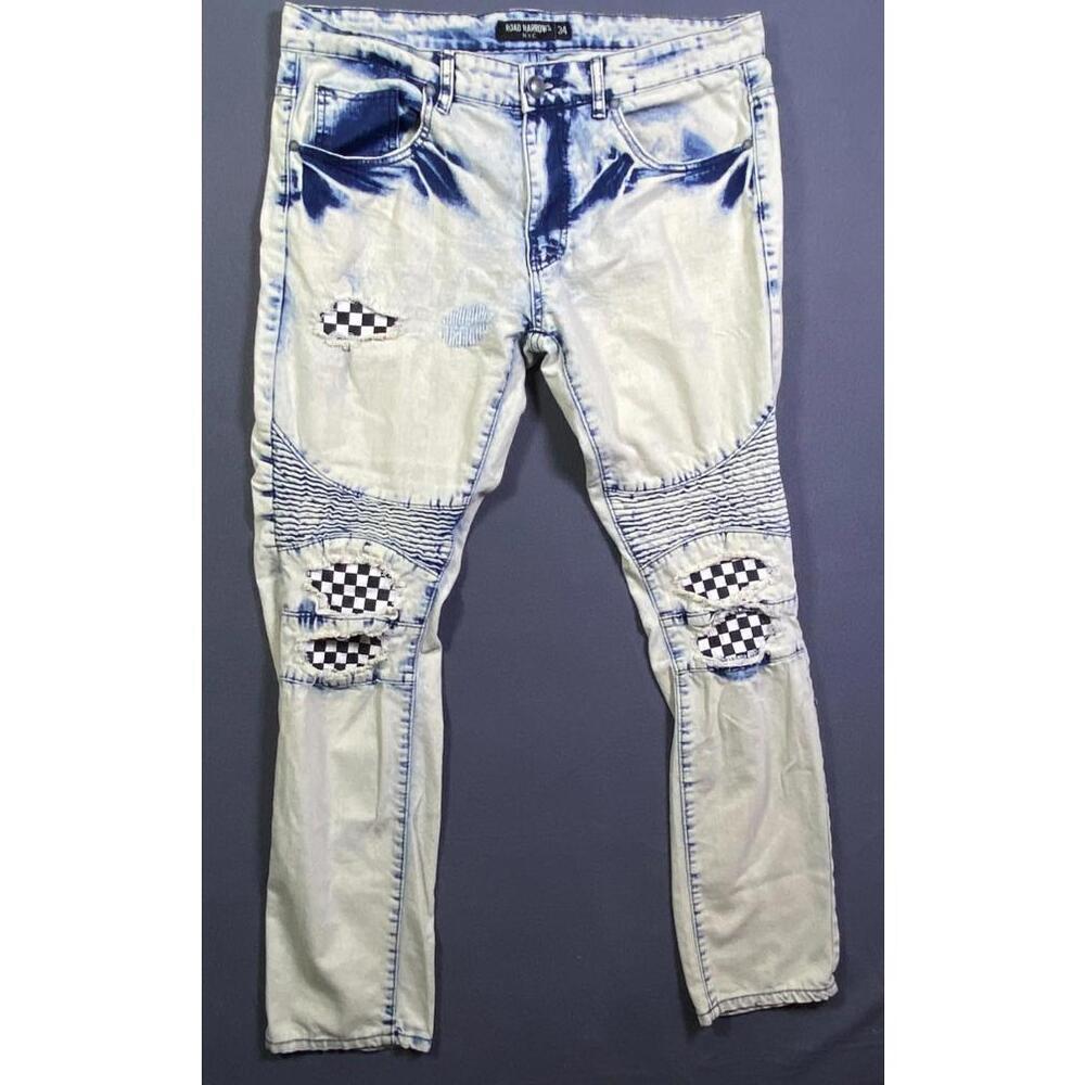 Road Narrows Jeans Mens 34 36x33 Denim Taper Leg Stretch Checkerboard Destroyed